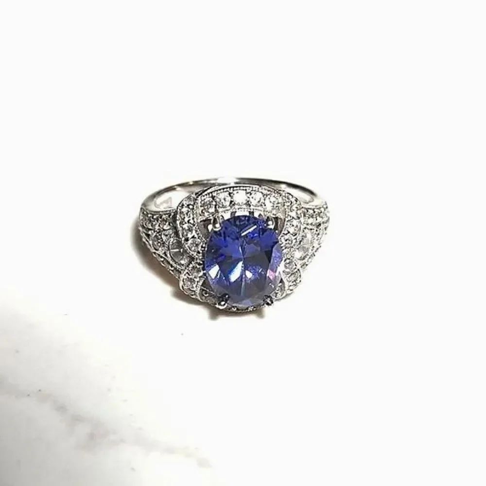 925 Silver Cubic Zirconia Amethyst Ring Stamped